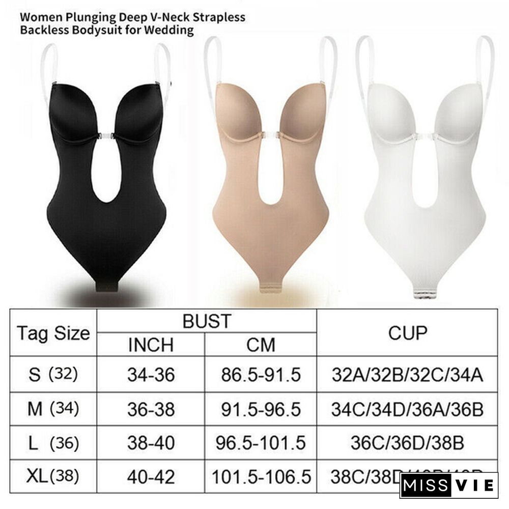 Women Seamless Deep V Backless U Plunge Bodysuit Shapewear Body Shaper with Push Up Padded Bra For Wedding Party Dress Underwear