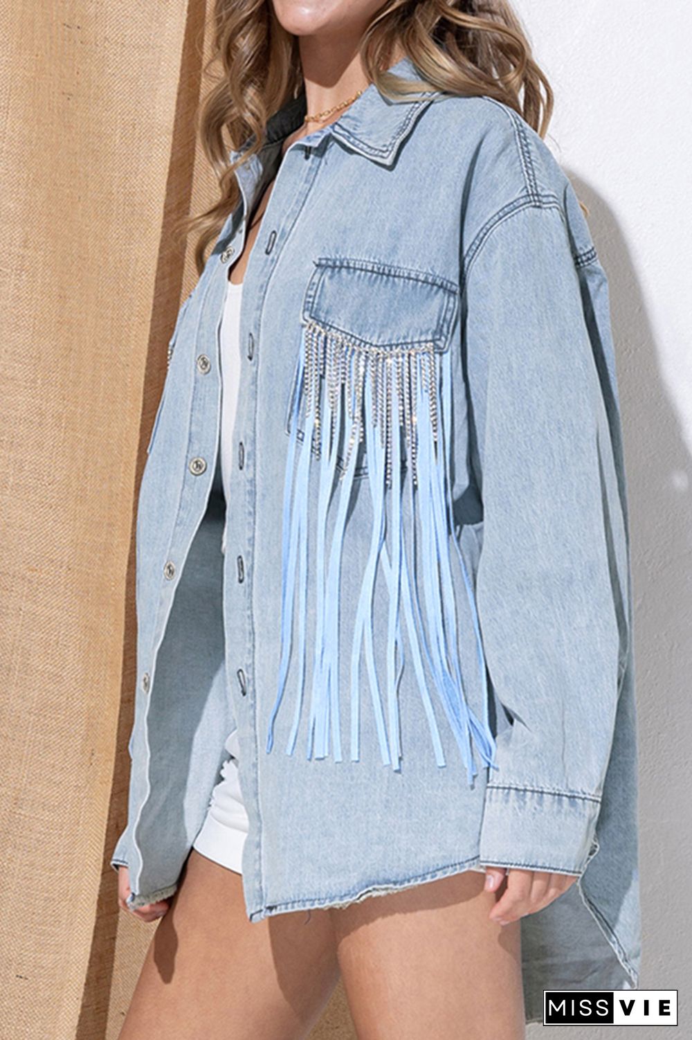 Crystal and Tassel Pocket Open Button Denim Jackets