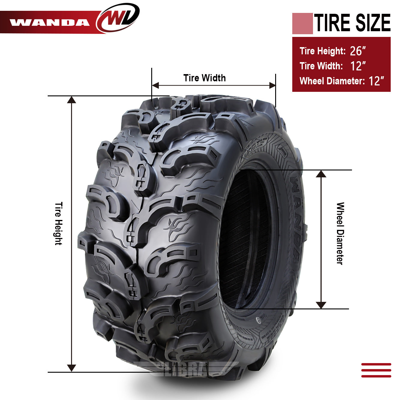 Set of 2 New Premium WANDA ATV/UTV Tires 26x12-12 26X12X12 6PR P375 - 10218 Super Lug Mud