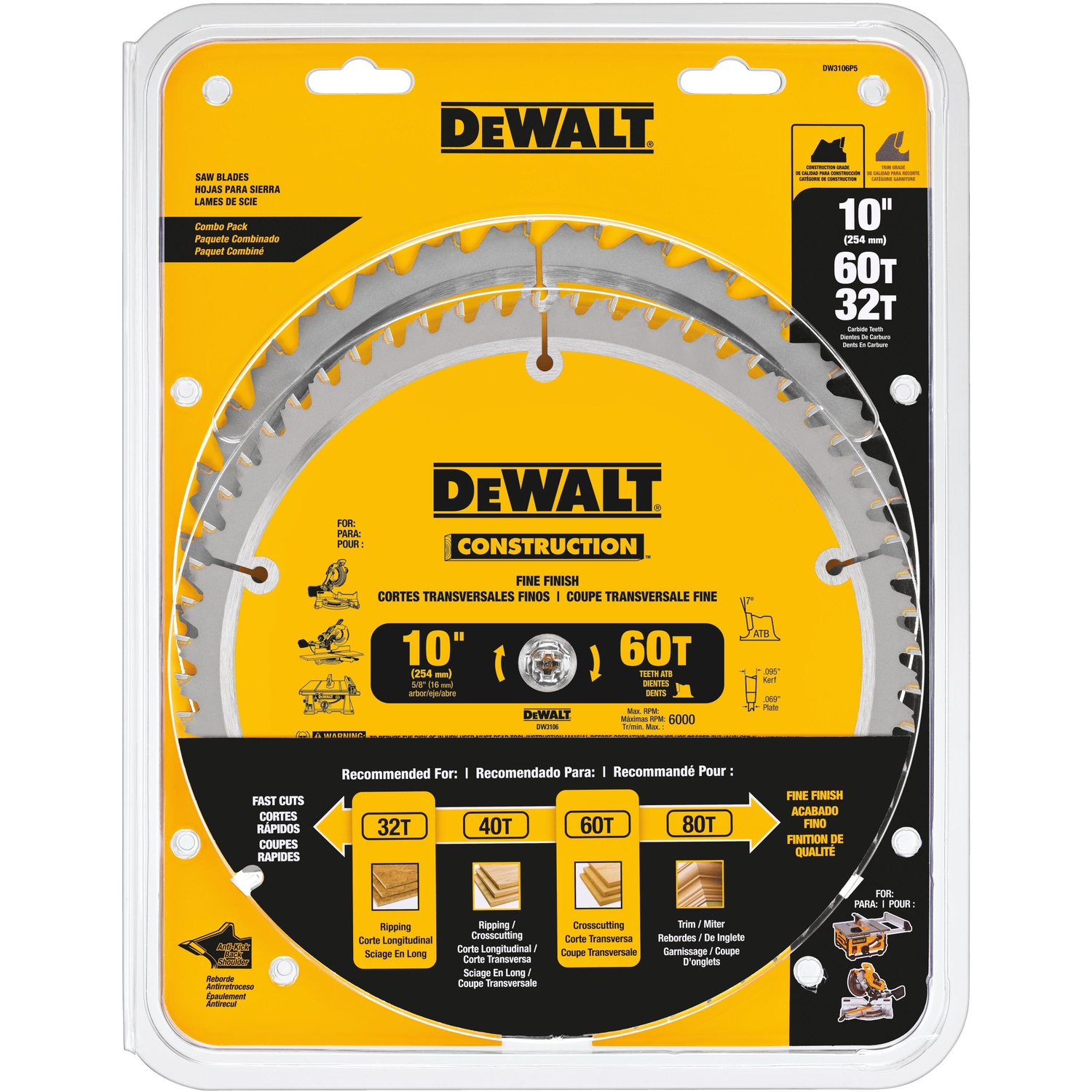 DW 10 in. D X 5/8 in. Carbide Circular Saw Blade 32， 60 teeth 2 pk