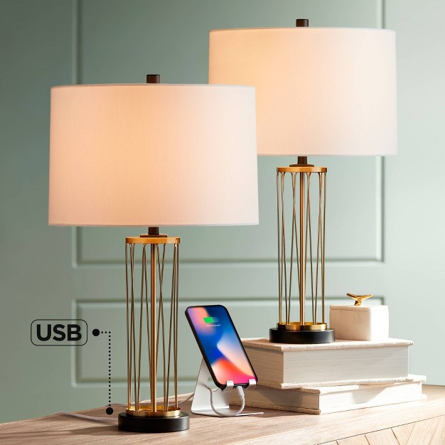 High Set Of 2 Gold Metal With Usb Charging Ports Off White Drum Shade For Bedroom Living Room Home Desk