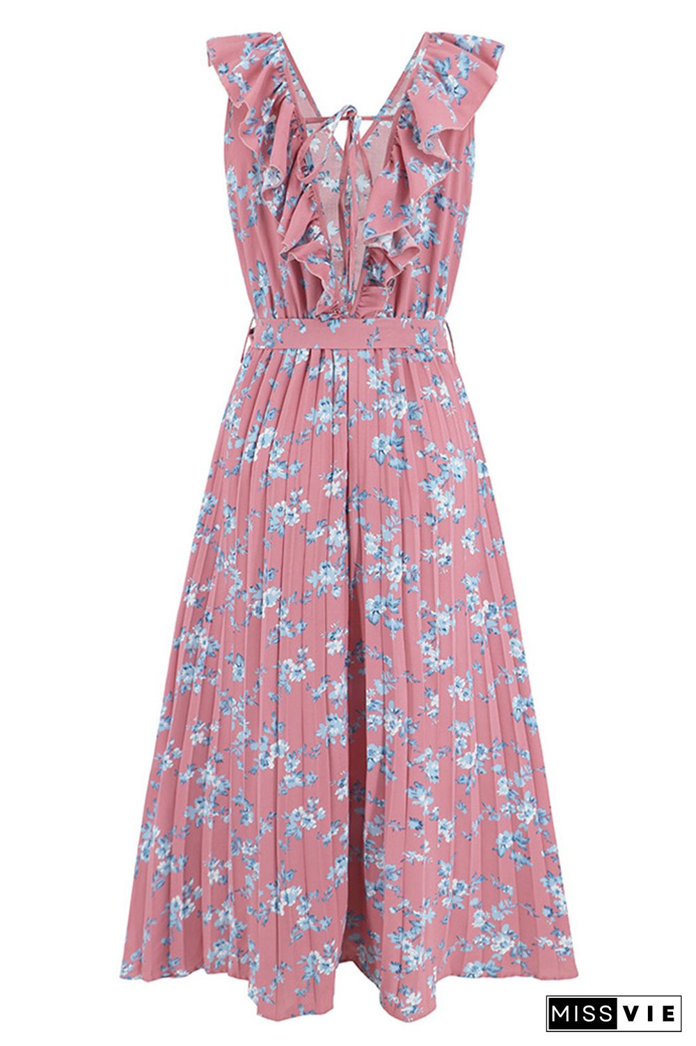 Sleeveless Smocked Tie Waist Floral Dress