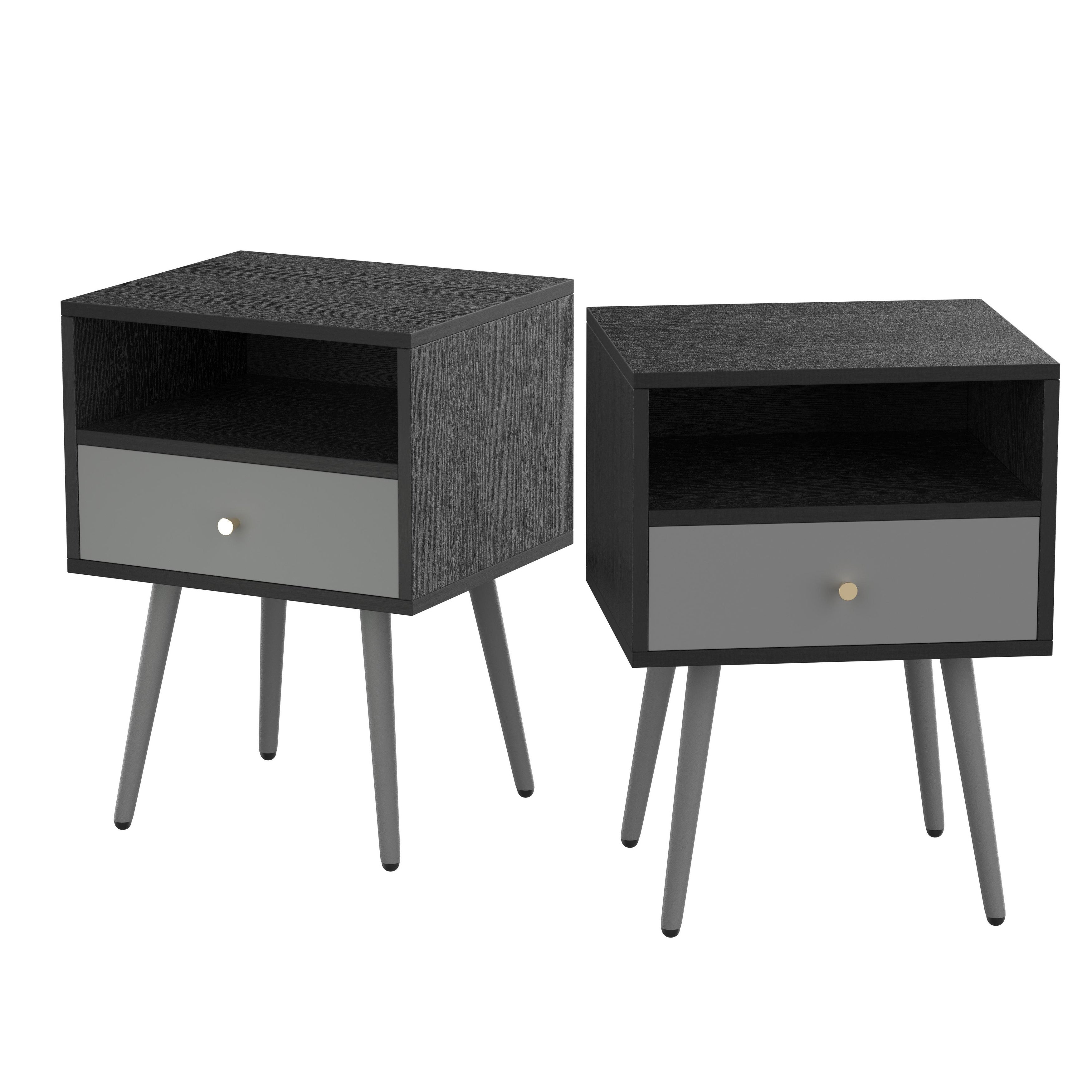 Set of 2 Modern Bedside Tables， Nightstand with 1 Storage Drawer Chic Sofa Table for Bedroom Living Room Office