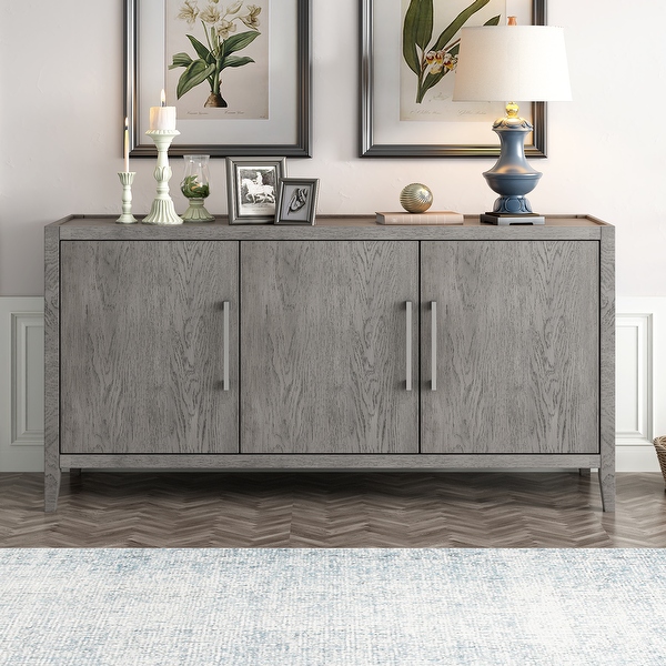 Wooden Sideboard with 3 Metal handles and 3 Doors， Adjustable Shelf