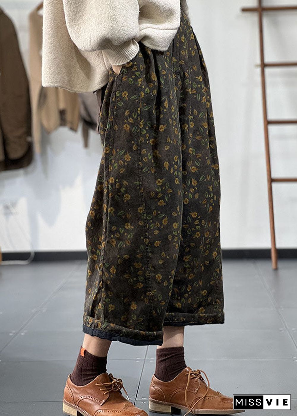 Art Green Elastic Waist Print Fine Cotton Filled Wide Leg Pants Winter