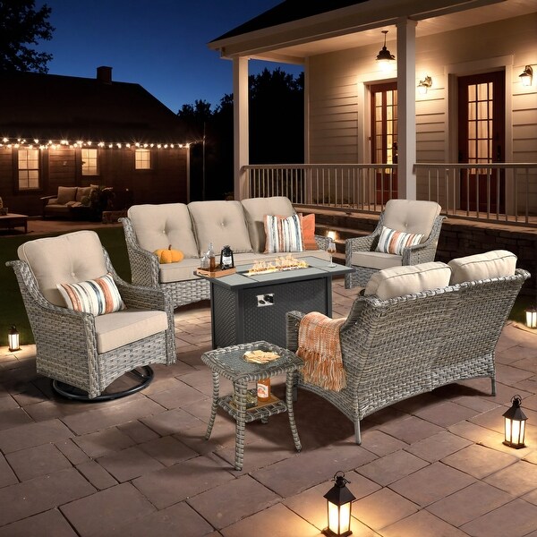 XIZZI Outdoor Rattan Wicker Patio Furniture Conversation Set with Fire Pit Table