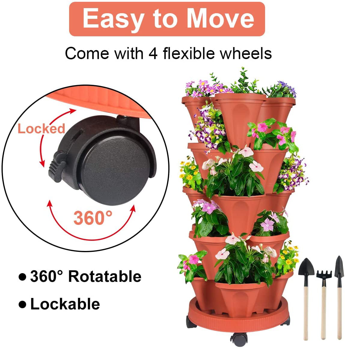 Stackable Planter, 5 Tier Vertical Garden Planter with Movable Wheels and Planters Tools, Tower Garden Planters for Vegetables, Flowers, Herbs, Strawberries Planting, Indoor Outdoor Gardening Pots