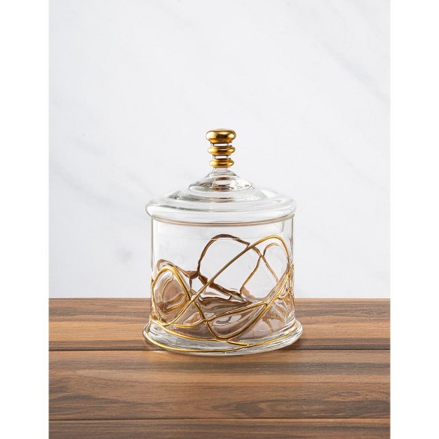 Classic Touch Small Vivid Glass 50 Oz Canister Jar With Lid 14k Gold Swirl Design