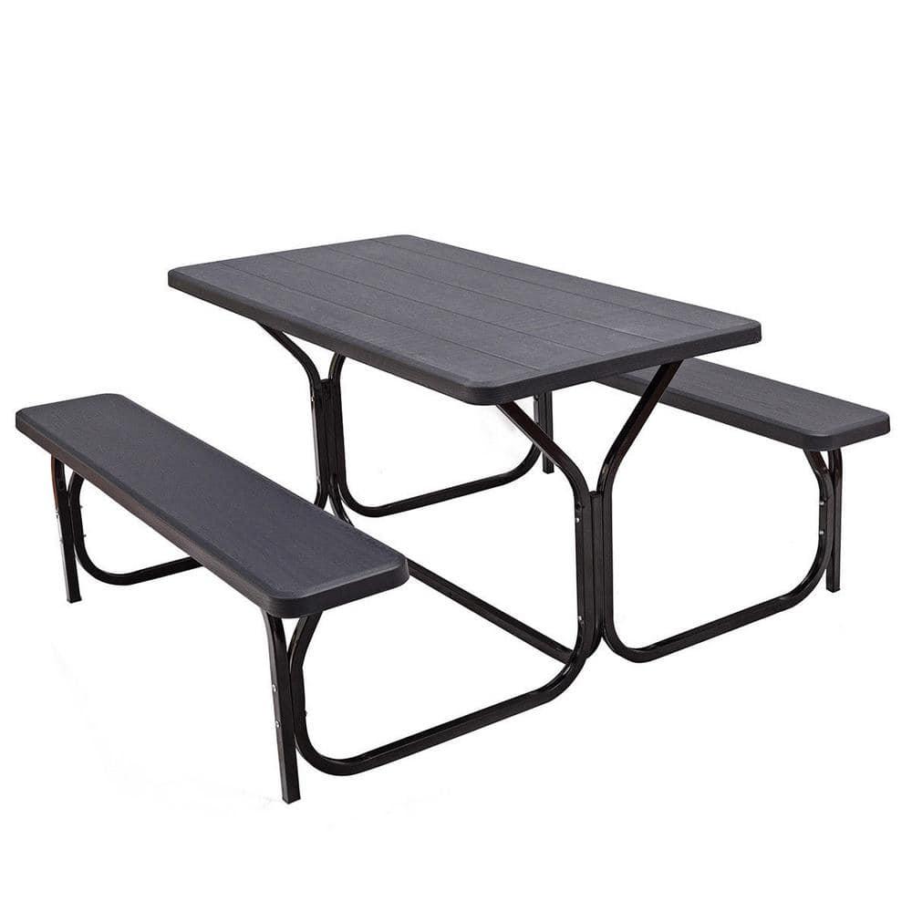 CASAINC Black Rectangular Plastic Outdoor Picnic Table with 2 Bench