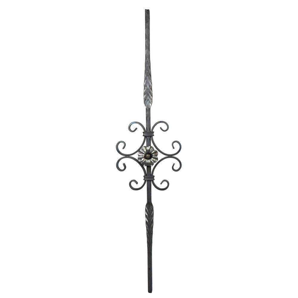 arteferro 35-716 in. x 12 in. Square Bar Stamped Scroll With Single Sided Floral Rosette Forged Raw Picket 5616