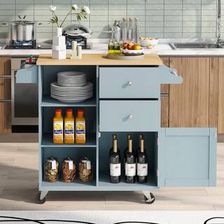 Blue Rubber Wood Drop-Leaf Countertop 41.34 in. W Kitchen Island on 4-Wheels with 2-Drawers and 3-Open Shelves XS-WF299363AAG