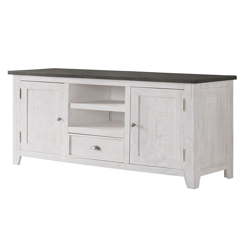 Coastal Wooden TV Stand with 2 Cabinets and 1 Drawer， White and Gray