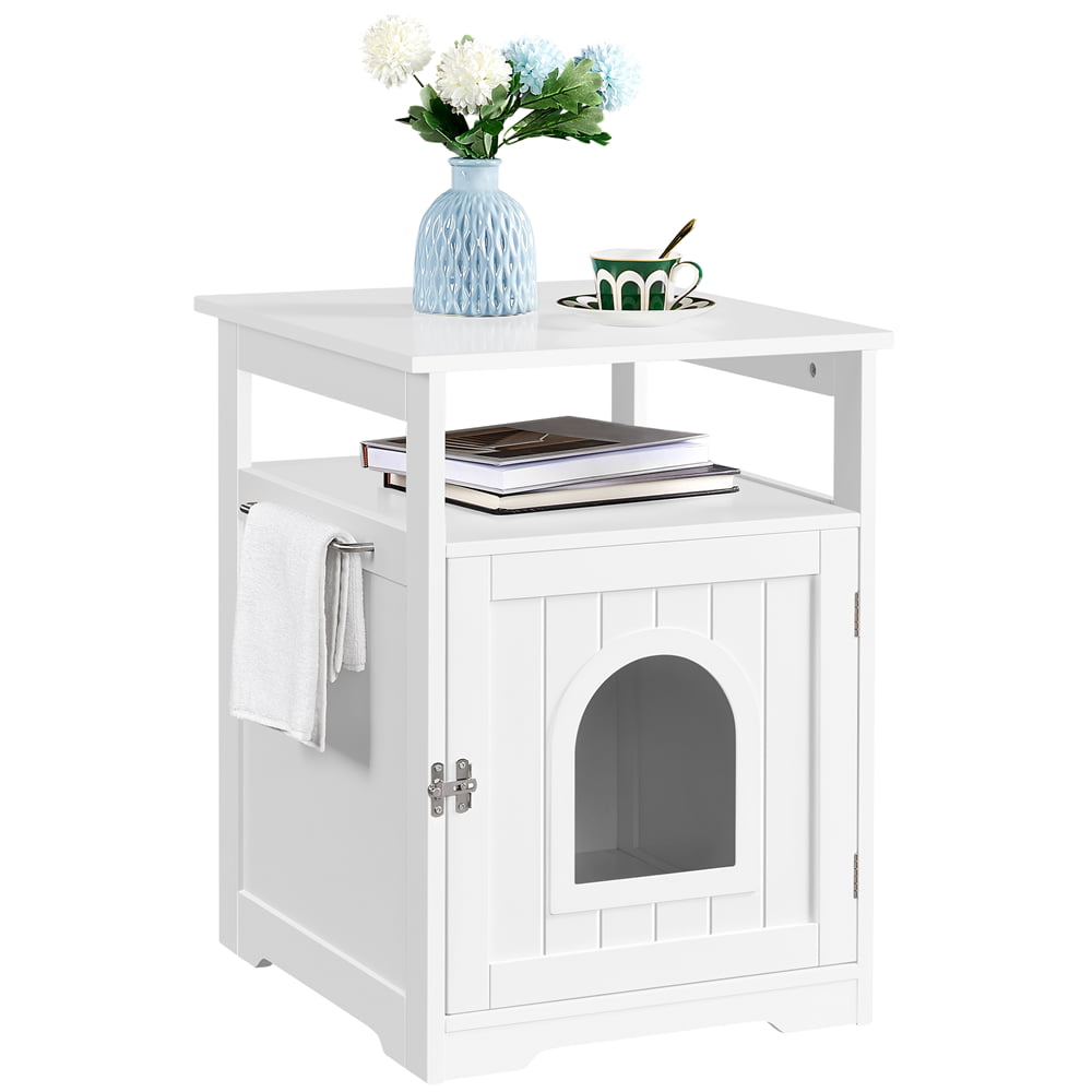 Topeakmart Indoor Wooden Cat Litter Box Enclosure with Open Shelf， White