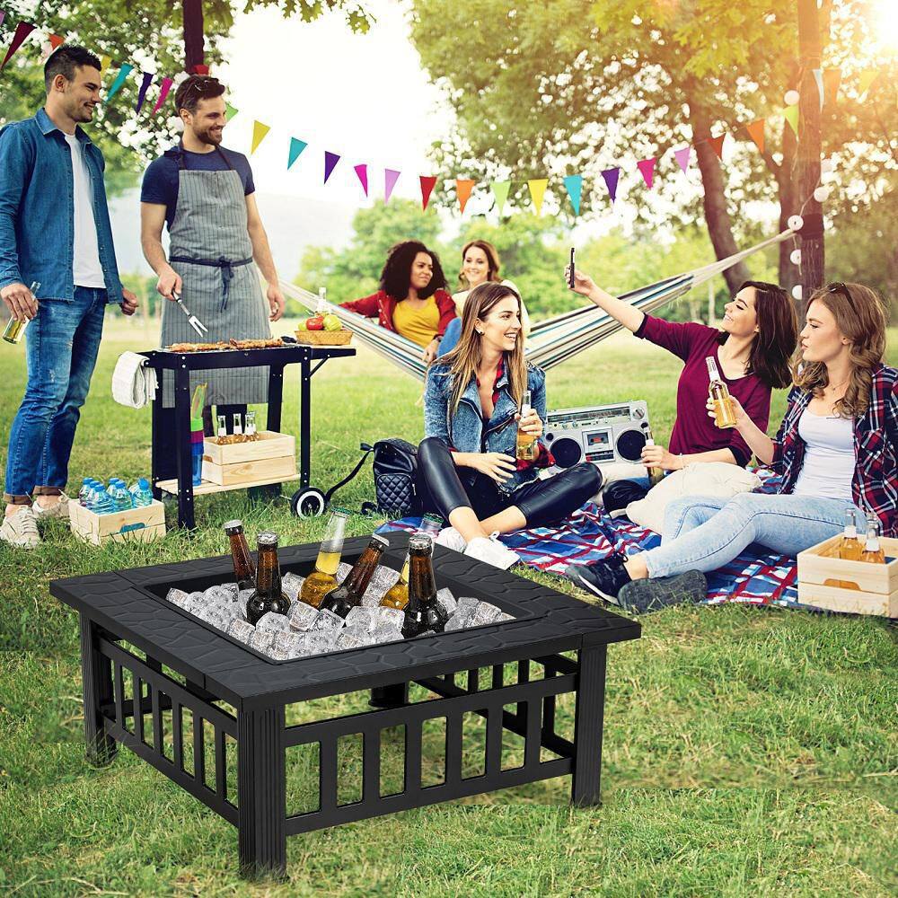 HONEY JOY 3-In-1 Square Metal Outdoor Fire Pit Table Patio Fire bowel wBBQ Grill and Rain Cover TOPB005643