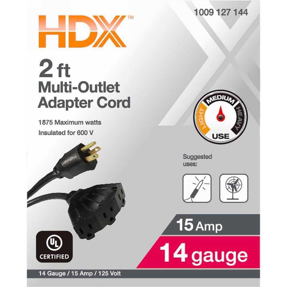 HDX 2 ft. 143 Medium Duty IndoorOutdoor Adaptor Cord with Tri-tap Black HWHD1432F