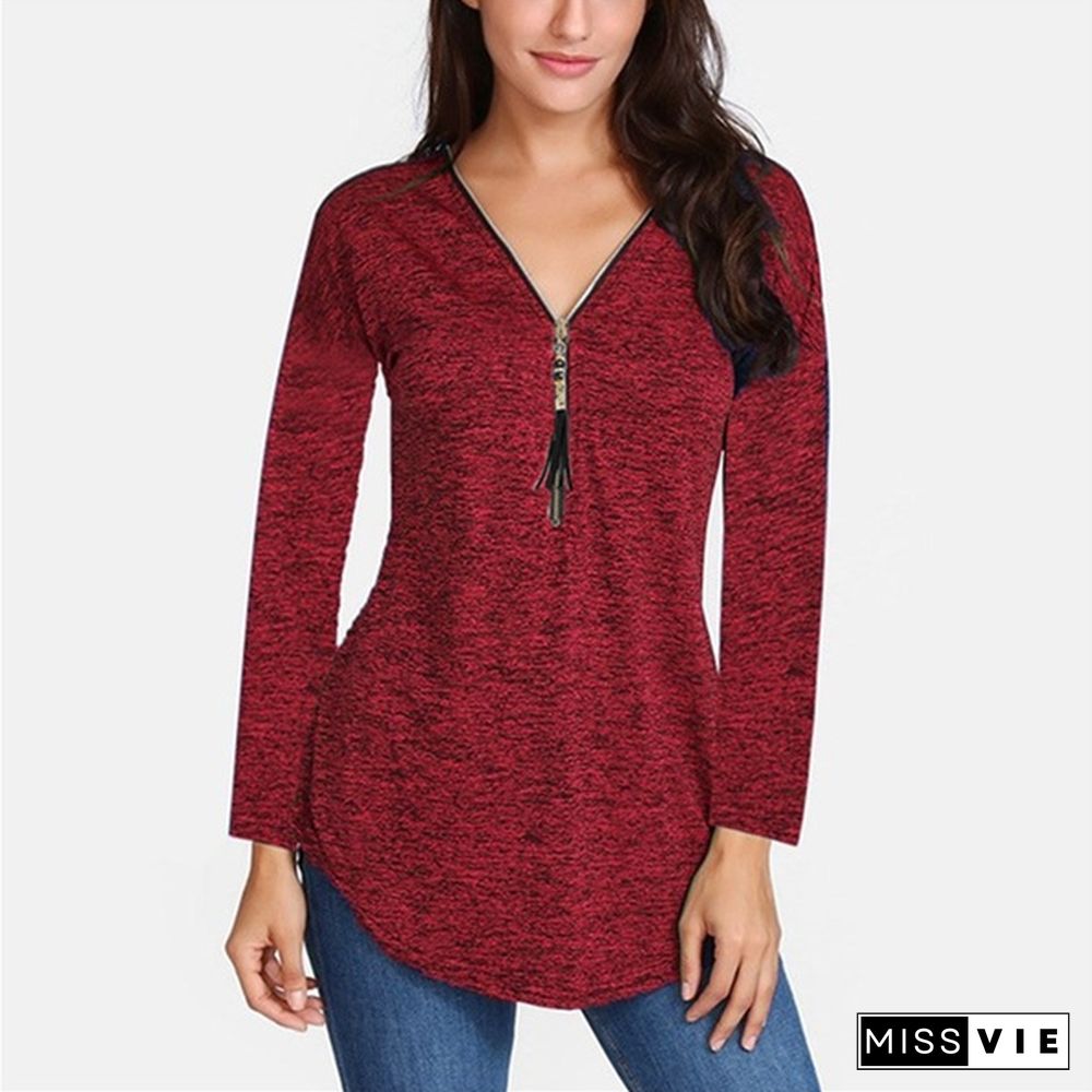 S-5XL Women Autumn Plus size Casual Loose V-neck Zippers Long sleeves Pure color Tops T shirts