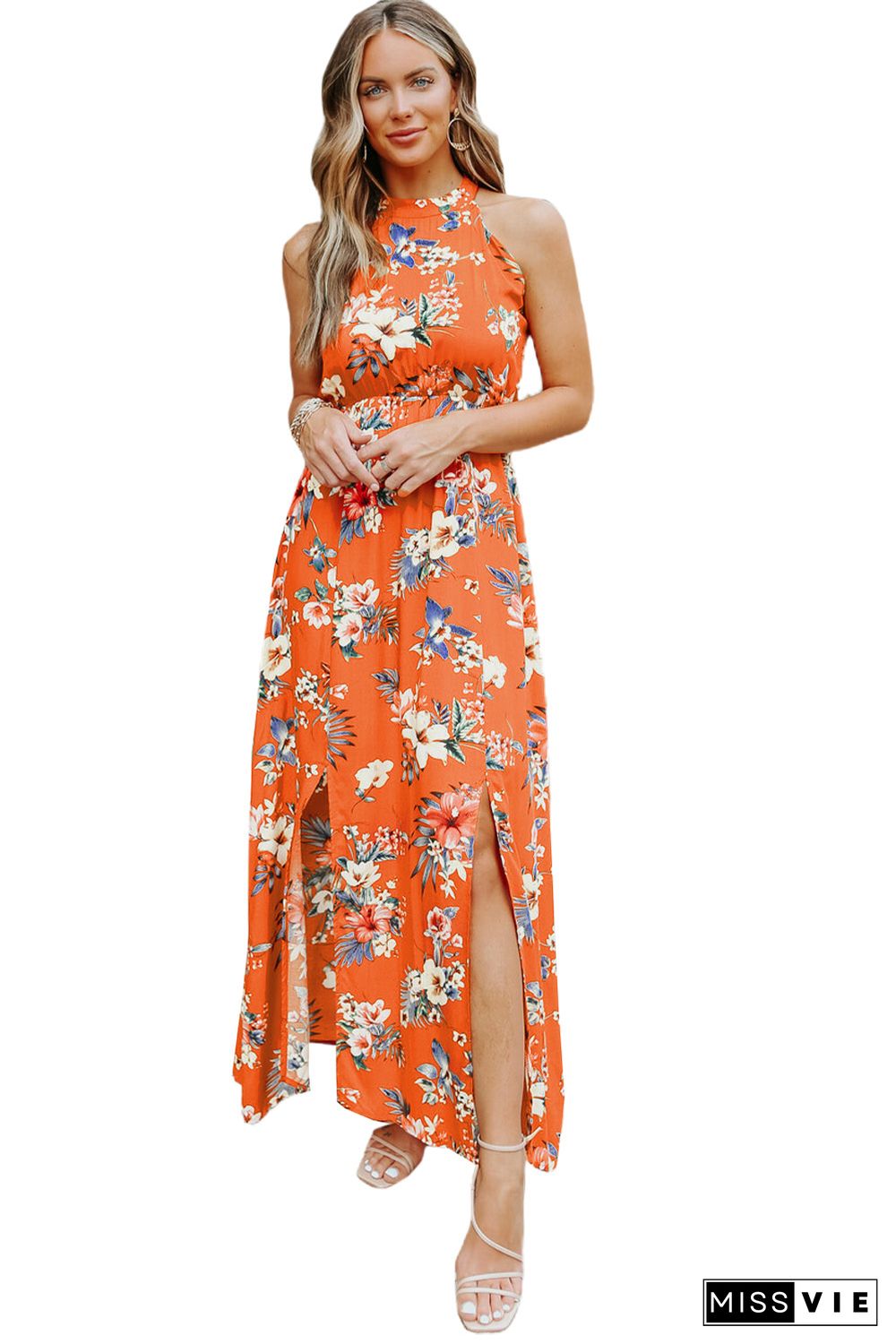 Orange Halter Neck Sleeveless Floral Dress with Slits