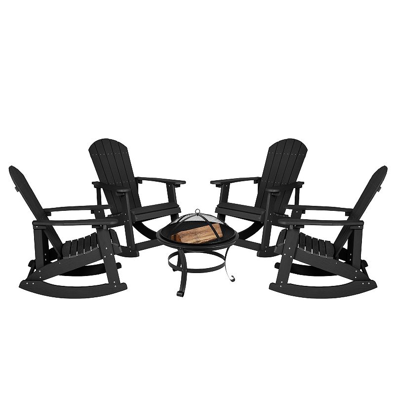 Merrick Lane Atlantic Outdoor Set with Classic Adirondack Rocking Chairs and Wood Burning Fire Pit with Poker/Spark Screen