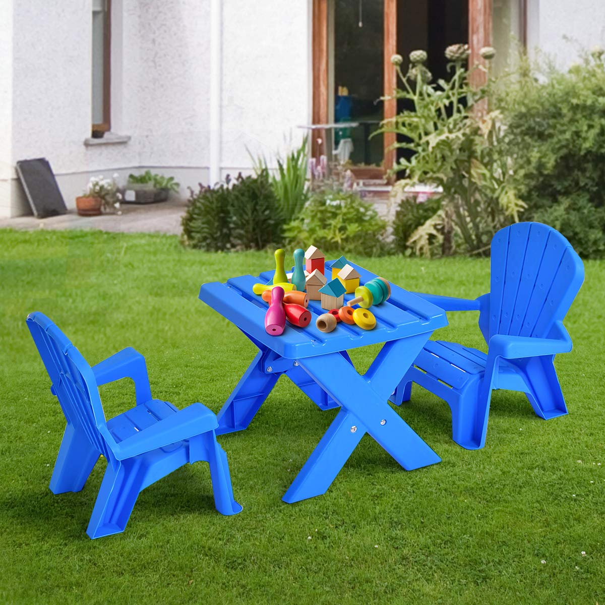 Costzon Kids Plastic Table and 2 Chairs Set, Adirondack Chair for Indoor & Outdoor Garden