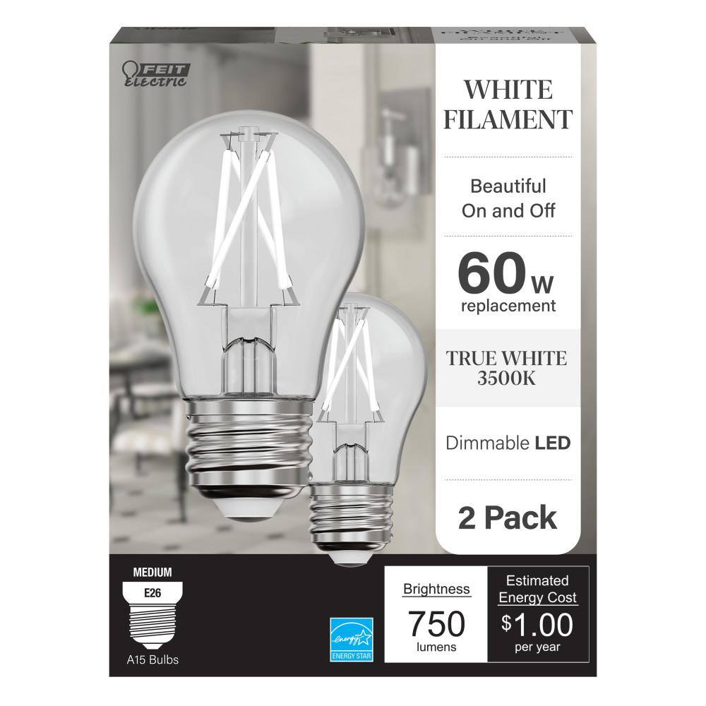 Feit Electric 60-Watt Equivalent A15 Dimmable White Filament CEC Clear Glass LED Ceiling Fan Light Bulb True White 3500K (2-Pack) A1560935CAWFILHDRP2