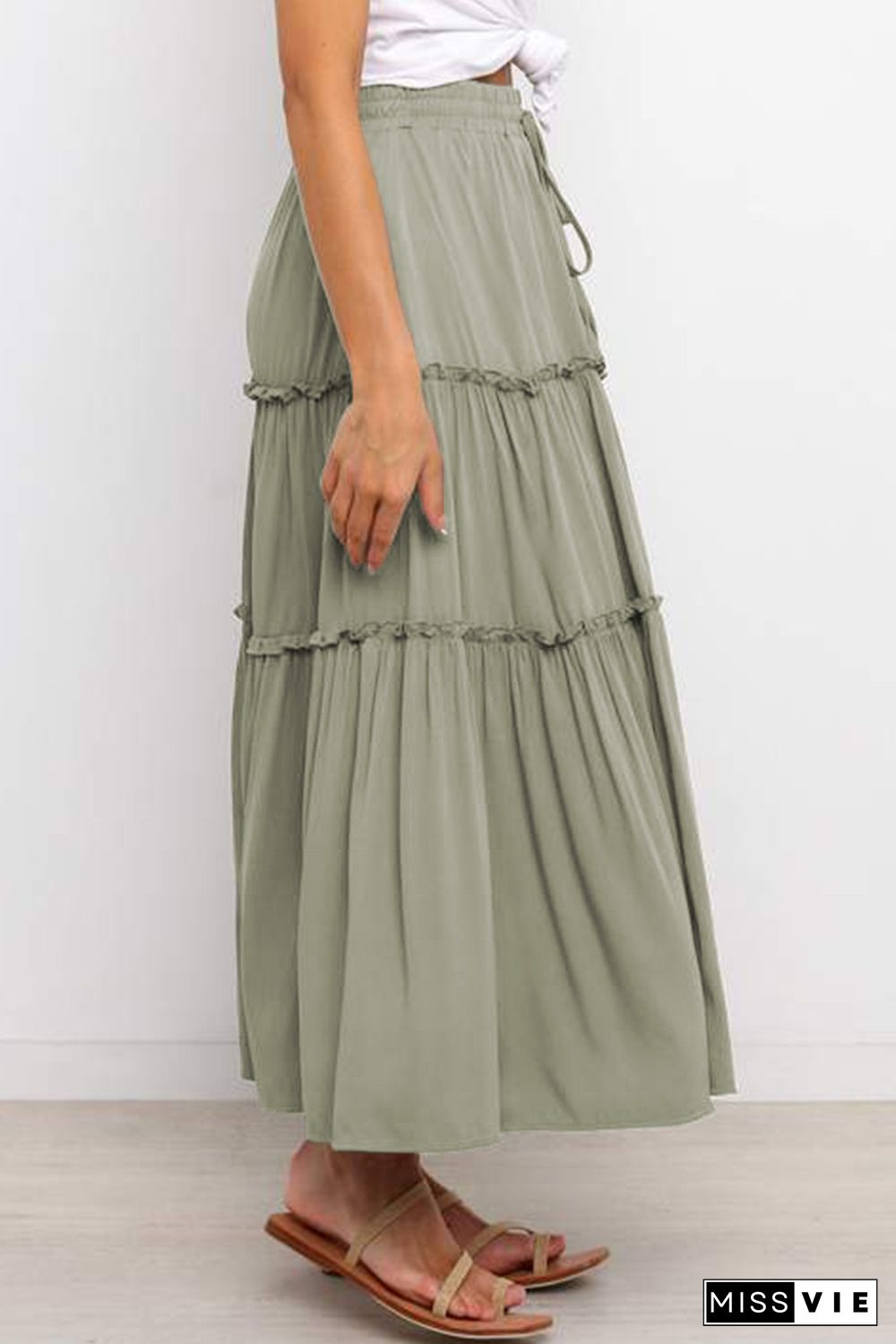 Green Solid Layered Ruffled Drawstring High Waist Maxi Skirt