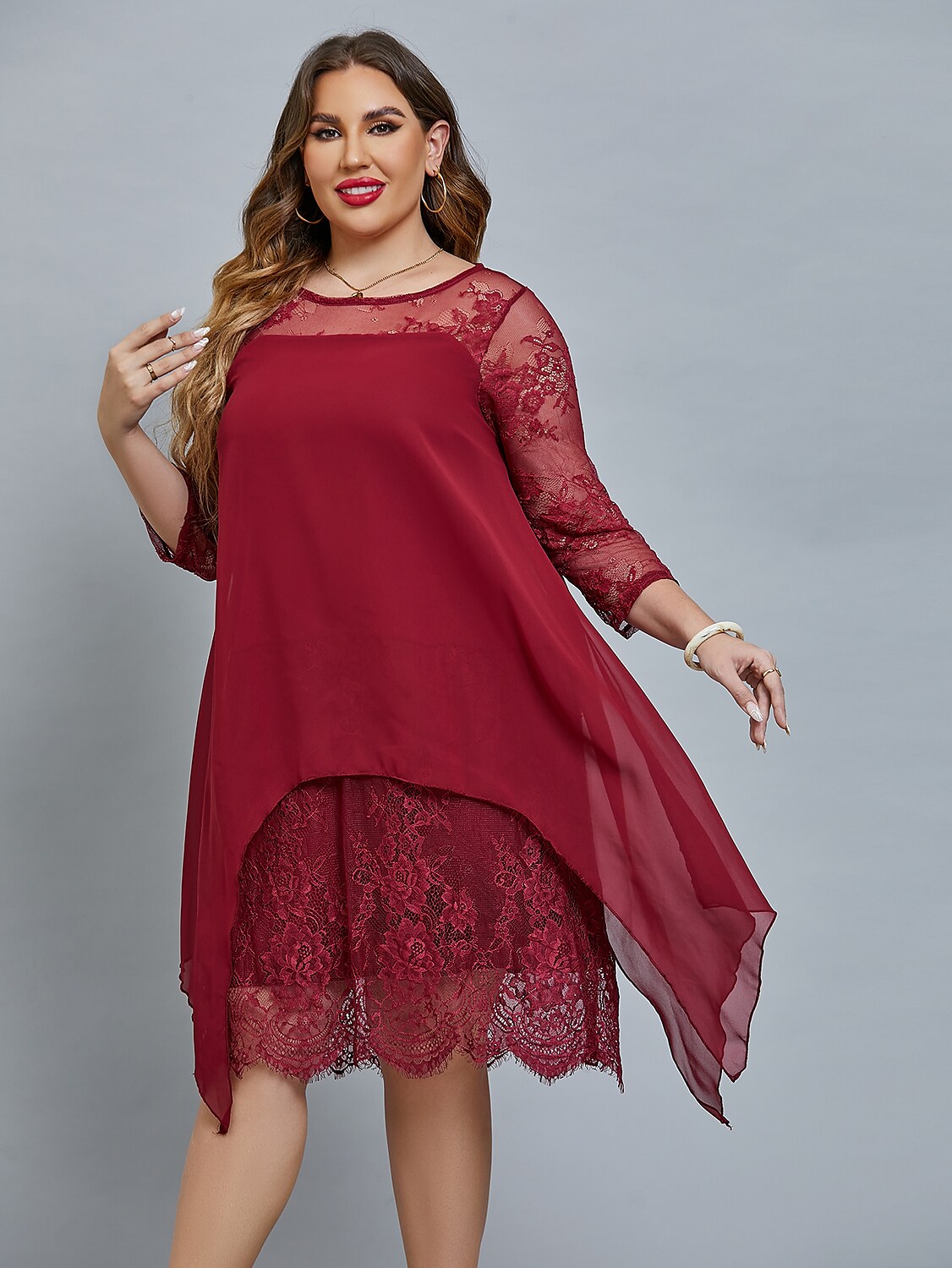 Women's Plus Size Curve Party Dress Floral Crew Neck Lace 3/4 Length Sleeve Winter Fall Elegant Prom Dress Midi Dress Party Cocktail Dress Dress / Lace Dress / Mesh