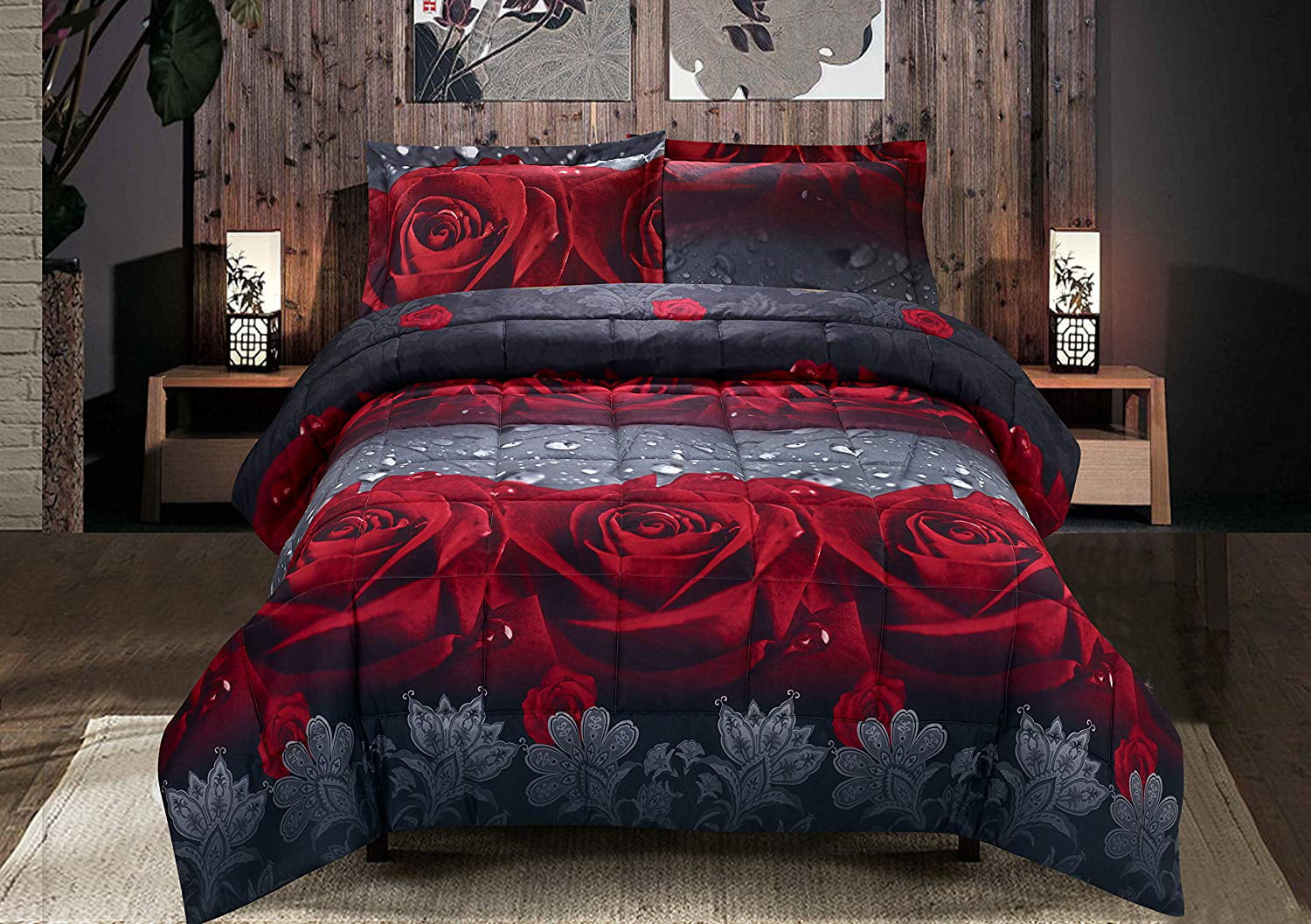 HIG Collection 3-Piece 3D Rose Love Print Comforter Set， Queen