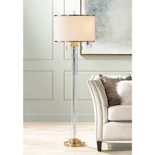 Tall Crystal Glass Column Satin Brass Linen Drum Shade For Living Room Bedroom Office House