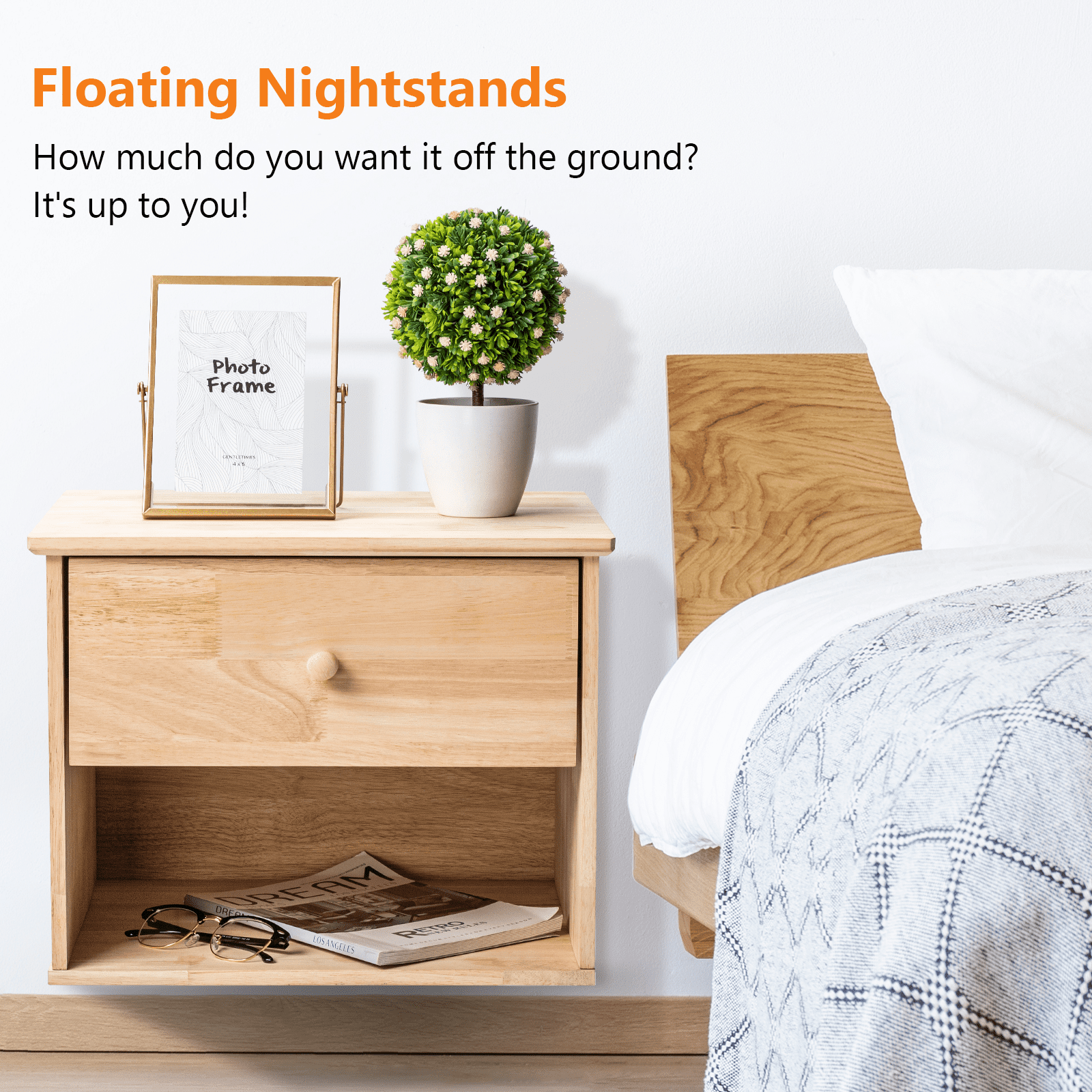 VINGLI Unfinished Natural Solid Wood Floating Nightstand Vintage Wall-Mounted Nightstand/Bedside Table W/ Drawer & Shelf