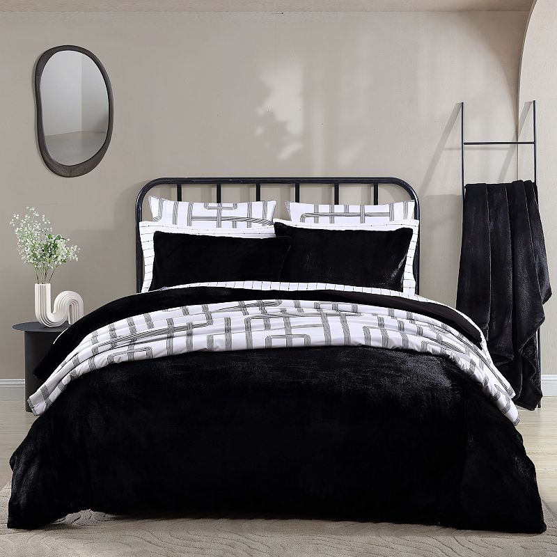 City Scene Solid Faux Fur Duvet Cover Set