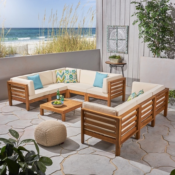 Oana Outdoor 9Piece Acacia Wood Sectional Sofa Set with Coffee Table by Christopher Knight Home