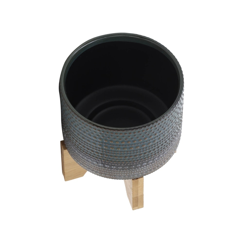 Dark Green  Black and Grey Ceramic Planter with Wood Stand   6.0\