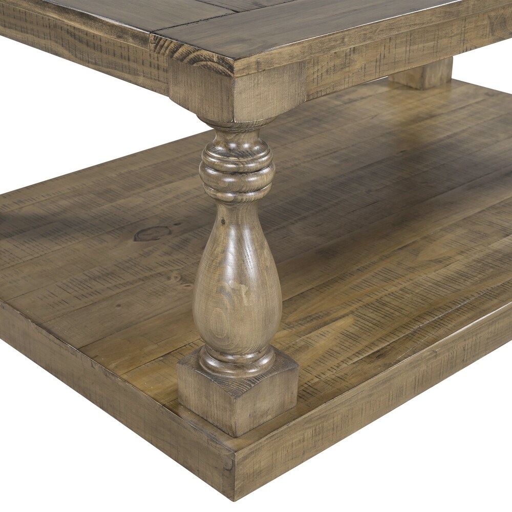 Rustic Floor Shelf Coffee Table with Storage Solid Pine Wood for Living Room Entryway