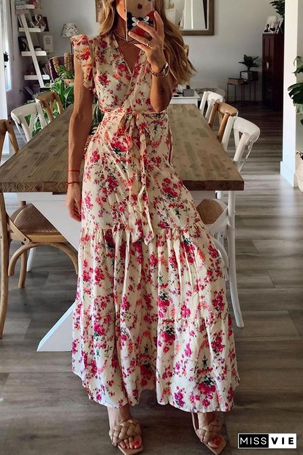 Floral Print Ruffles Maxi Wrap Dress