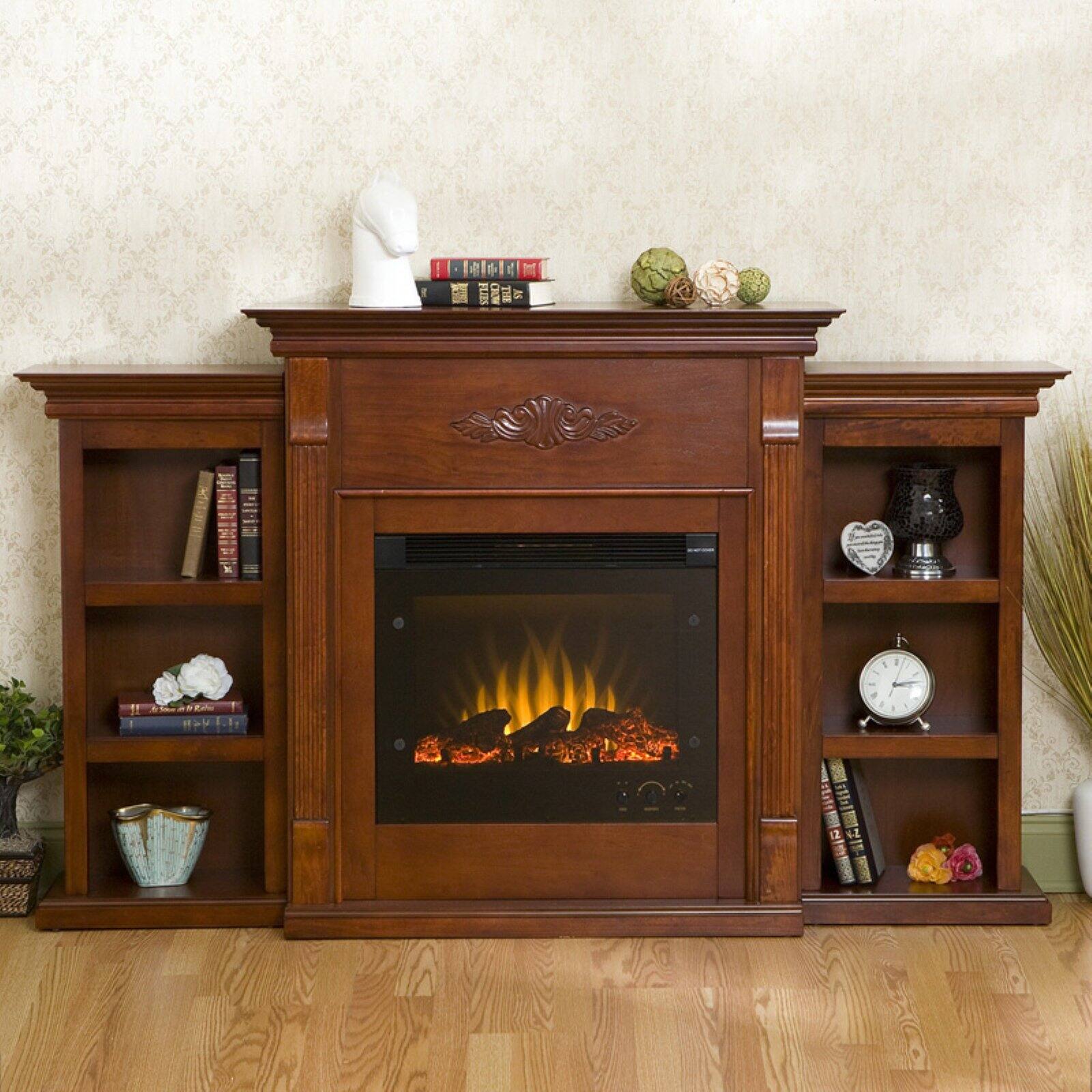 Southern Enterprises Tennyson Mahogany Electric Fireplace with Bookcase