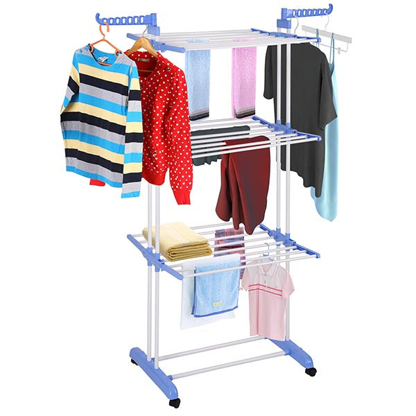 Aquaterior Laundry Folding Clothes Dryer Rack 3 Tiers w/ Casters White