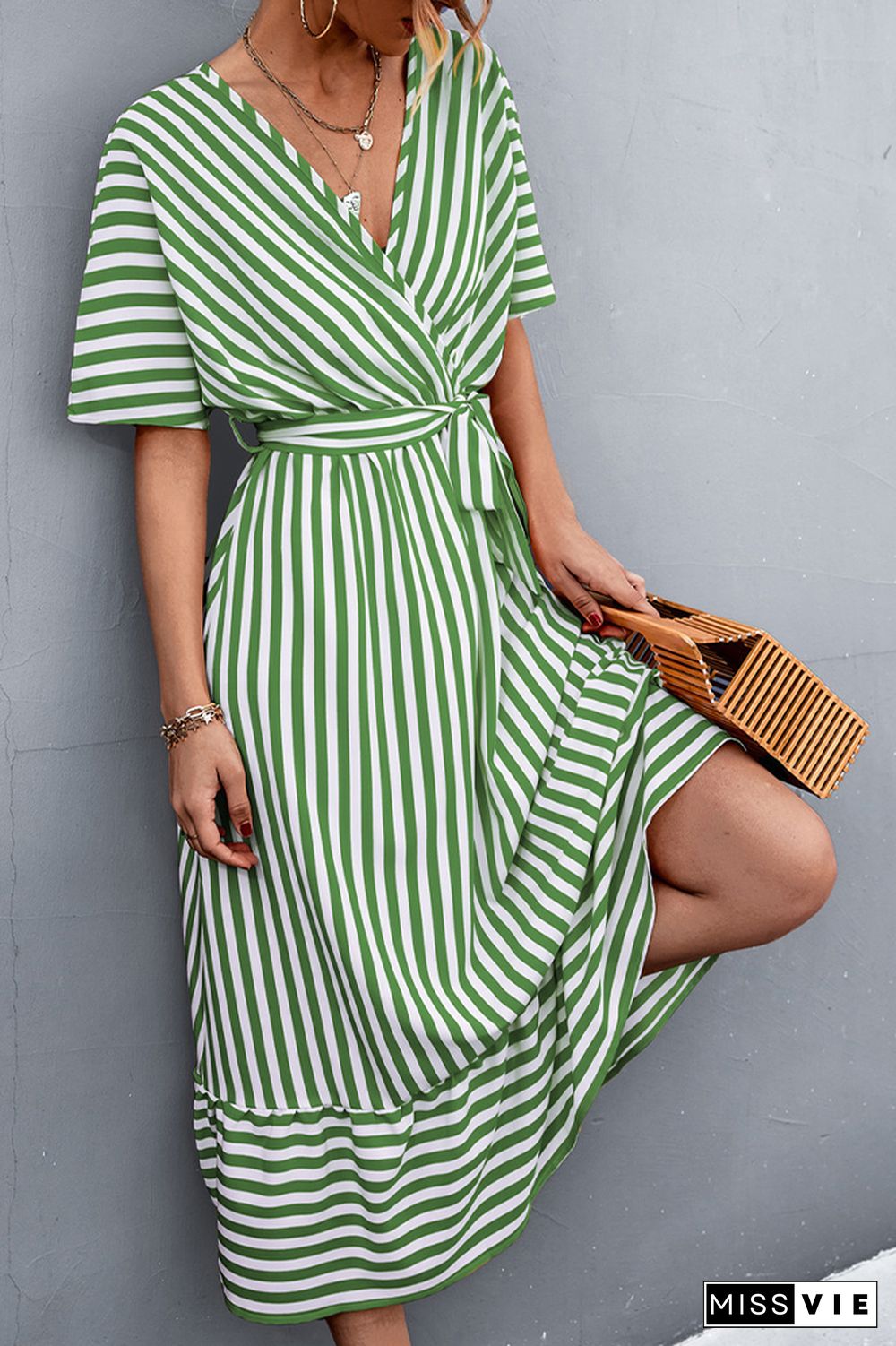 Stripe Print V-neck Short Sleeve Tie Waist Long Dress Wholesale