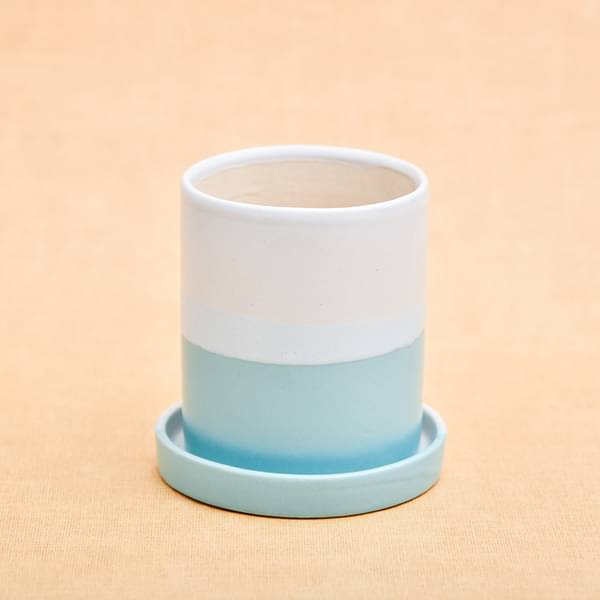 3.1 inch (8 cm) CP044 Cylindrical Ceramic Pot with Plate (White, Cyan Blue) (set of 2)