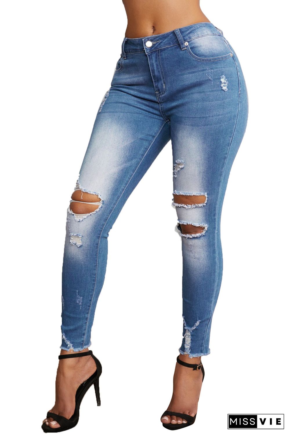 Faded Mid High Rise Jeans with Holes