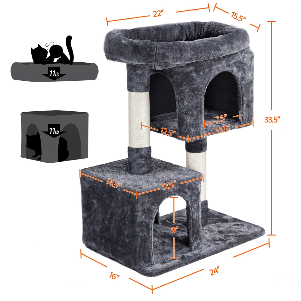 Easyfashion 33.5" Small Cat Tree Tower with 2 Condos, Dark Gray