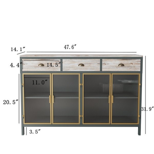 4 Glass Doors Modern Sideboard with 3 Top Drawers， Freestanding Sideboard Storage Cabinet Entryway Floor Cabinet for Living Room