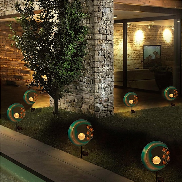 Outdoor Stars Moon Solar Power Light Romantic Moon Angel Retro Metal Lamp With Crackle Glass Globe Led For Courtyard Garden Landscape Lighting 1X