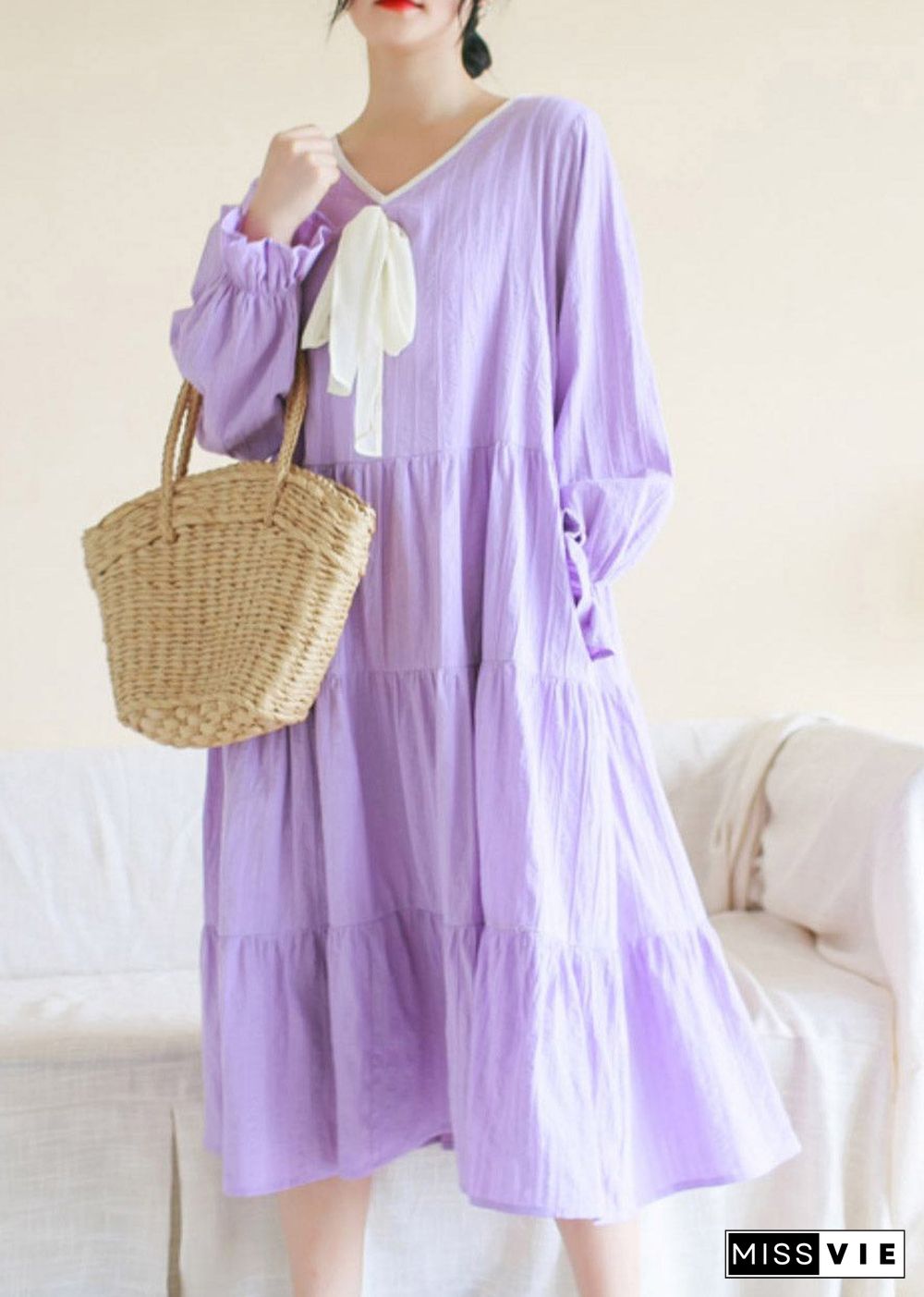 Casual Purple V Neck Patchwork Cotton Maxi Dress Long Sleeve