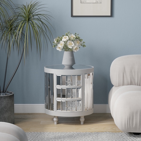 Round Mirrored Nightstand with 3-Drawers， Mirror End Table Silver Bedside Table