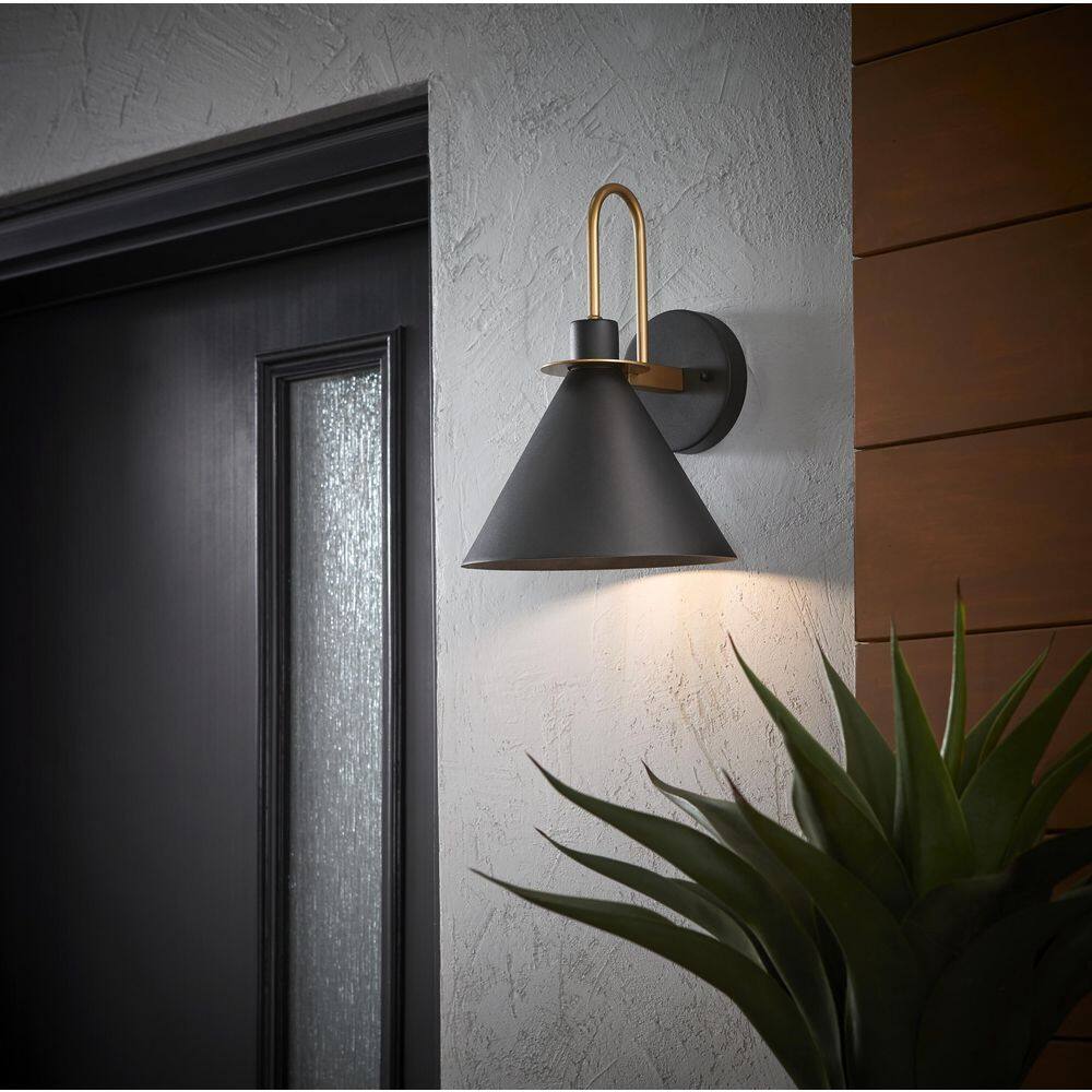 Home Decorators Collection Cagney Modern 1-Light Sand Black with Gold Hardwired Outdoor Barn Light Wall Sconce 28230