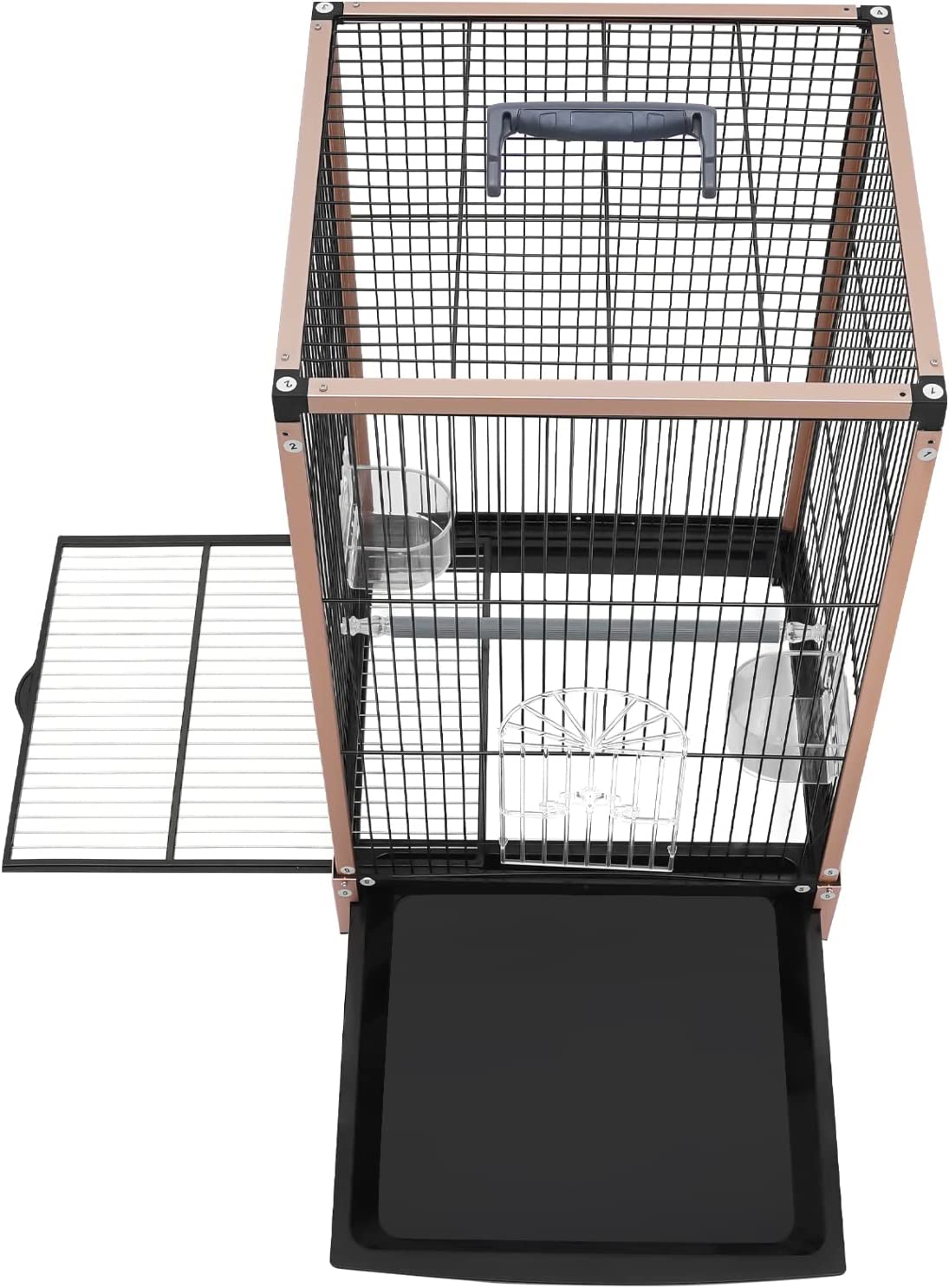 Miumaeov Flat Top Bird Travel Cage， Black， Gold Parrot Carrier Cage With Feeding Cup (aluminum Alloy Frame)， Carrier Travel Cage For Mid-sized Or Small Birds， 13.2*12.4*21inch