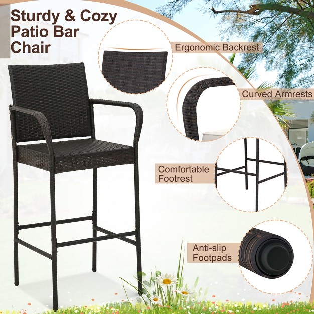 Costway 2pcs Patio Pe Wicker Bar Chairs Counter Height barstools With Armrests amp cushions