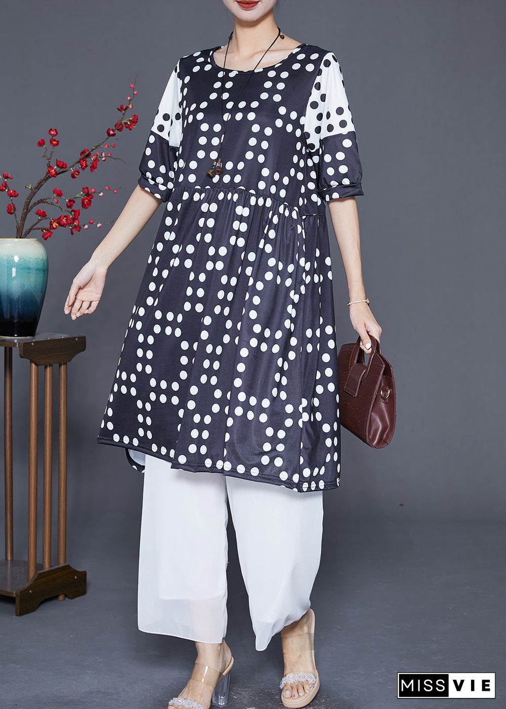 Plus Size Black Oversized Patchwork Dot Chiffon Dresses Summer