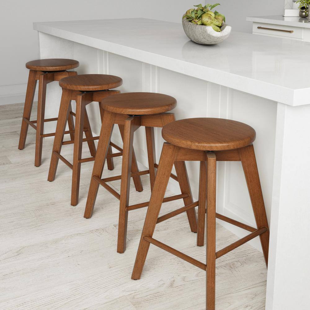 Nathan James Amalia 25 in. Antique Coffee or Brown Backless Counter Height 360 Swivel Seat Solid Wood Kitchen Bar Stool 23301