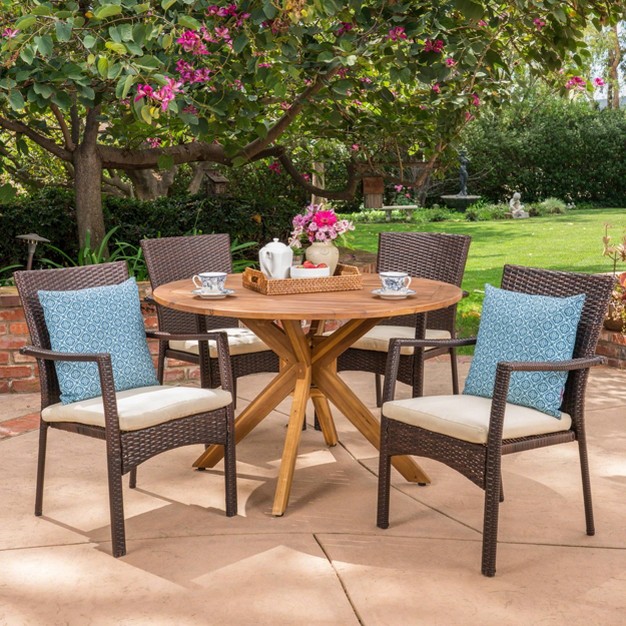 Stamford 5pc Acacia Wood amp Wicker Patio Dining Set Brown Christopher Knight Home